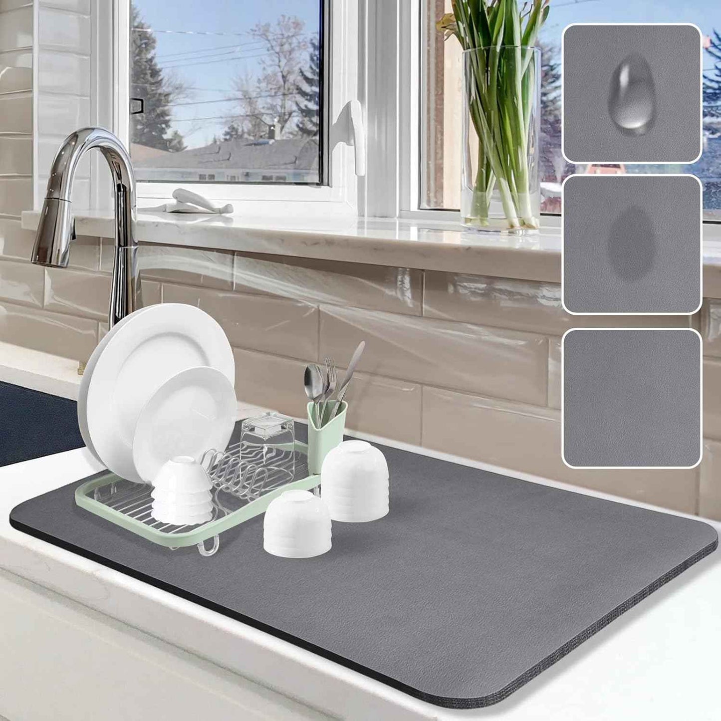 Dish Drying Mat for Kitchen Counter, 12"x19" Dish Drying Pad with Non-slip Rubber Backed, Hide Stain Anti Absorbent for Kitchen Counter, Drying Mat for Coffee Machine Dish Rack (Grey)