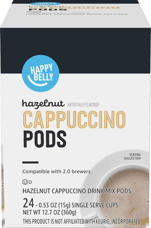Happy Belly Light Roast Cappuccino Coffee Pods, Hazelnut Flavored, 24 Count
