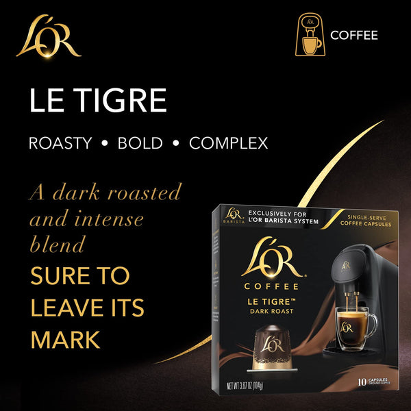 L'OR Coffee Pods, 10 Count Le Tigre Dark Roast Blend, Compatible with L'OR BARISTA System