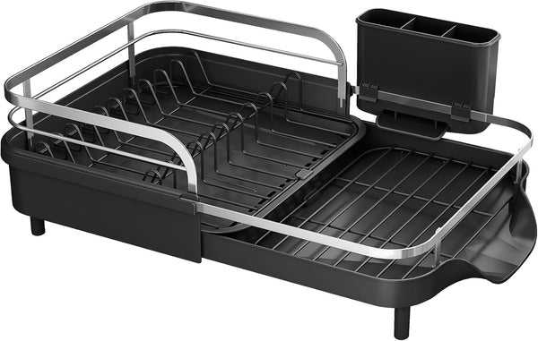 Expandable Dish Rack for Kitchen Counter with Utensil Holder and Raised Guardrail