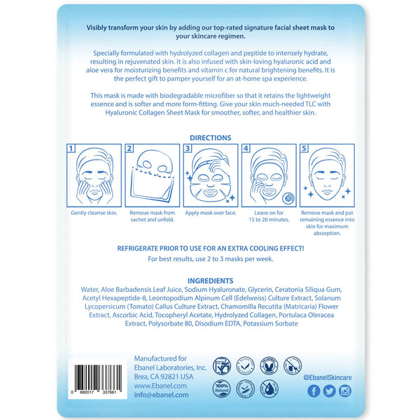 Ebanel 10 pack collagen face mask with hyaluronic acid, vitamin c, and aloe for skin firming and anti aging