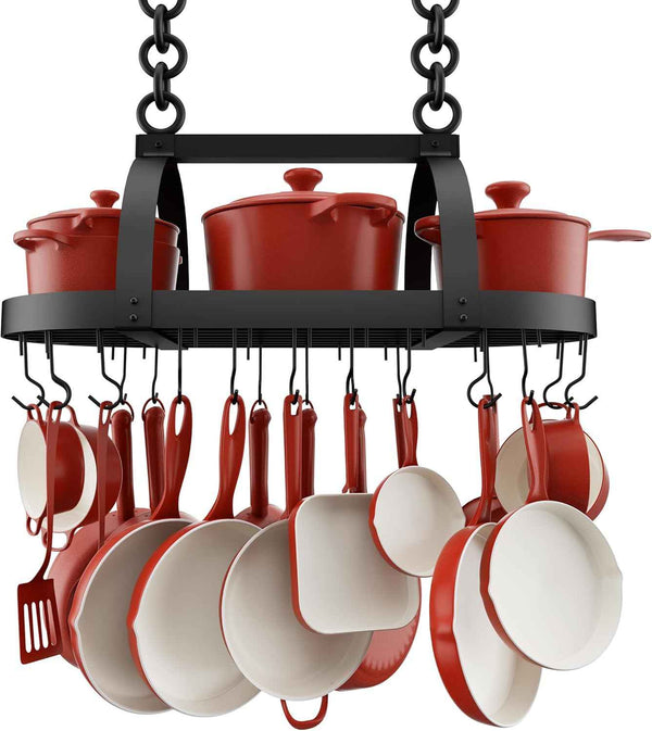 KES 34 Inch Oiled Bronze Hanging Pot Rack, Heavy Duty Oval Pot and Pan Hanging Rack Ceiling Mount, Pot Pan Hangers for Kitchen with 20 Hooks, (For 16" and 24" Joist Mount), KUR221S85-OB