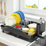 Expandable stainless steel dish rack for kitchen counter with adjustable water spout
