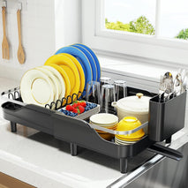 Expandable stainless steel dish rack for kitchen counter with adjustable water spout