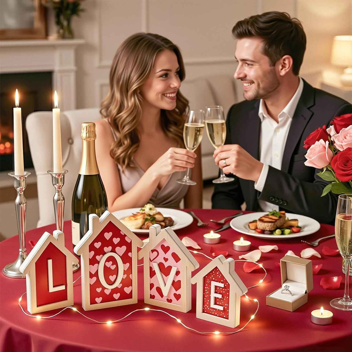 Valentines Day Decorations - 4 Pack 3D Design Wooden House Shape Sign, Valentines Day Table Decor, Valentine's Day Decorations for Home Office Tiered Tray Mantel Shelf