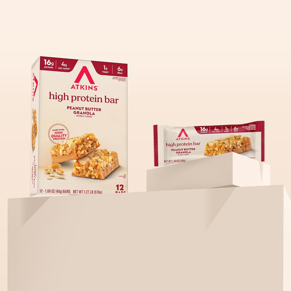Atkins Peanut Butter Granola High Protein Bar, 12 Count, 16g Protein, 1g Sugar, 4g Net Carb