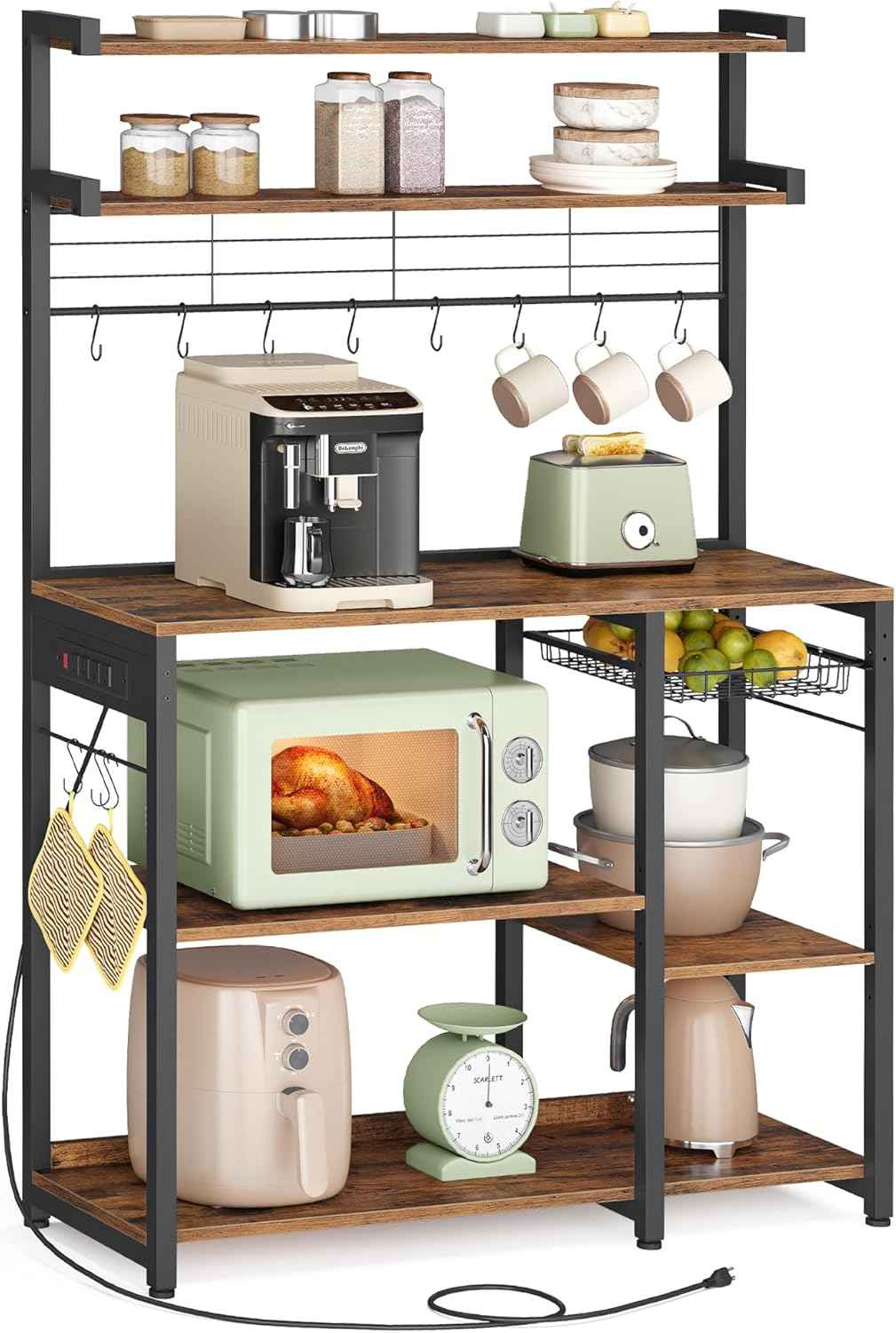 VASAGLE Baker's Rack, Microwave Stand, Kitchen Storage Rack with Wire Basket, 6 Hooks, and Shelves, for Spices, Pots, and Pans, Rustic Brown and Ink Black UKKS35X