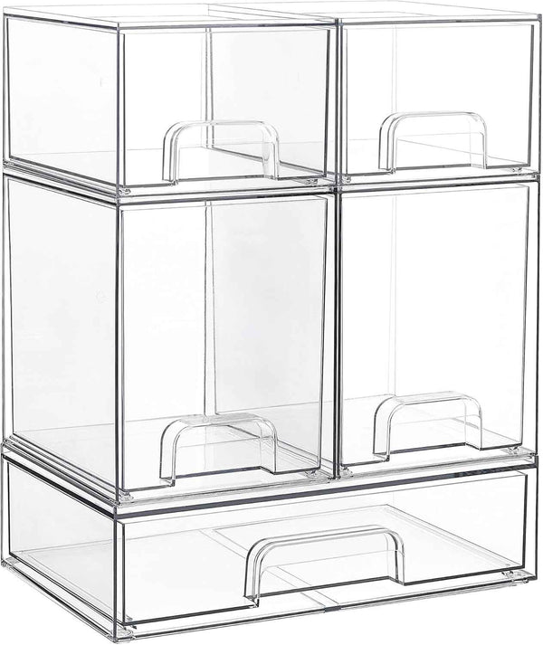 Vtopmart Stackable Storage Drawers Set of 5 - Clear Plastic Organizer Bins for Baby Bottle, Beauty Supplies, Kitchen, Bathroom, Cabinet, Pantry