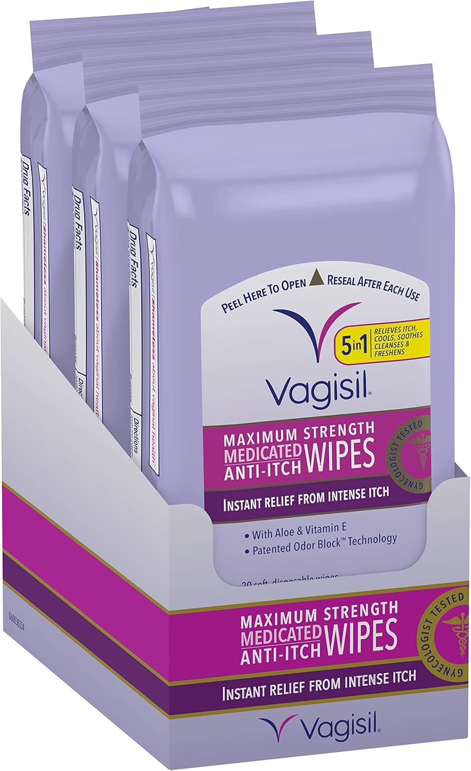 Vagisil Odor Block Daily Freshening Wipes for Feminine Hygiene in Resealable Pouch, Gynecologist Tested & Hypoallergenic, 20 Wipes (Pack of 3)