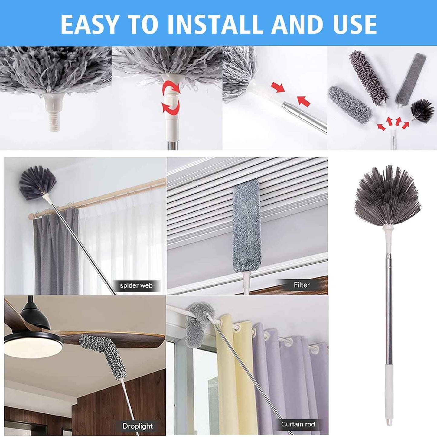 Microfiber Feather Duster 5-in-1 Kit, Dusters for Cleaning, Duster with Extension Pole 100 Inches, Cobweb Duster, Microfiber Dusters for High Ceilings and Fans, Blinds, Cars and Furniture
