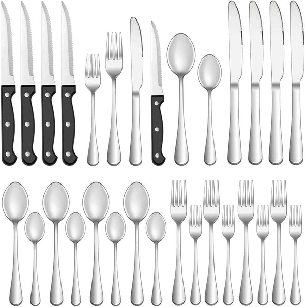 MUTNITT Stainless Steel Silverware Set for 4 with Steak Knives, Dishwasher Safe, Mirror Polished Cutlery Utensil Set