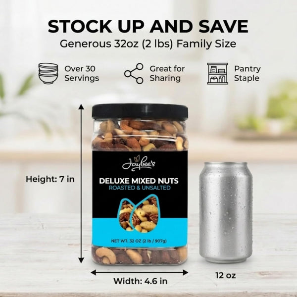 Jaybee's unsalted mixed nuts, 32 oz, roasted deluxe nut mix