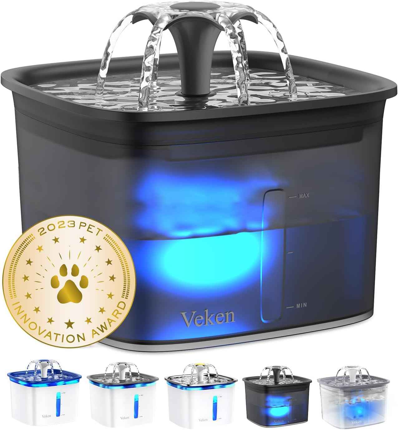 Veken Innovation Award Winner 95oz/2.8L Pet Fountain, Automatic Cat Water Fountain Dog Water Dispenser with Replacement Filters for Cats, Dogs, Multiple Pets (Grey, Plastic)