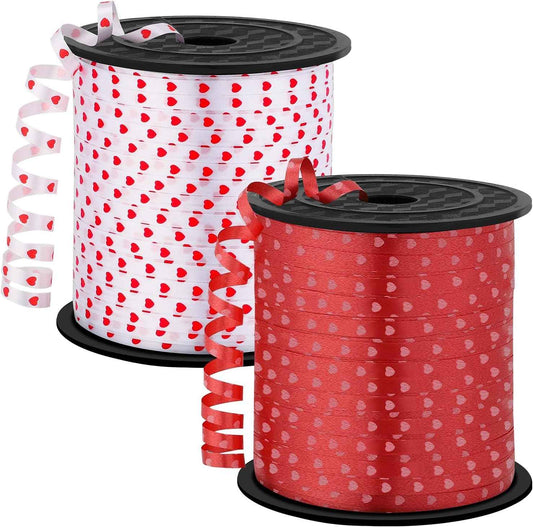 600 Yards Valentine Ribbon 1/5 Inch Heart Curling Ribbon 2 Rolls 300 Yard Per Roll White Red Balloon String Ribbons for Gift Wrapping Birthday Party Valentine's Day Decorations