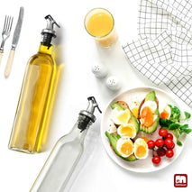 GMISUN Olive Oil Dispenser for Kitchen, 4 Pack 17 fl oz Glass Oil Dispensers Bottle, Cooking Soy Sauce Bottle Container Cruet with Plastic Pourer Spout, Funnel and Labels, Clear