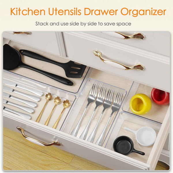 Criusia 10 Pack Large Clear Plastic Drawer Organizer Set 3 Size Versatile Bathroom Vanity Organizer Trays