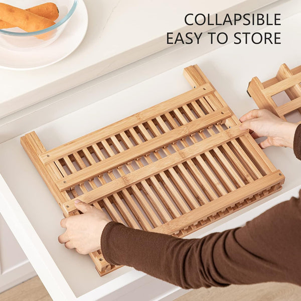Bamboo Folding 2-Tier Collapsible Dish Rack with Utensil Holder Set
