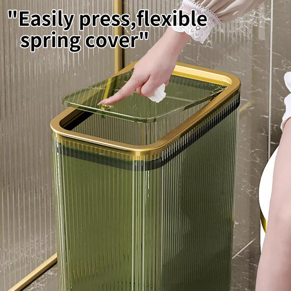 Transparent plastic trash can with 2.6 gallon capacity and press-top lid
