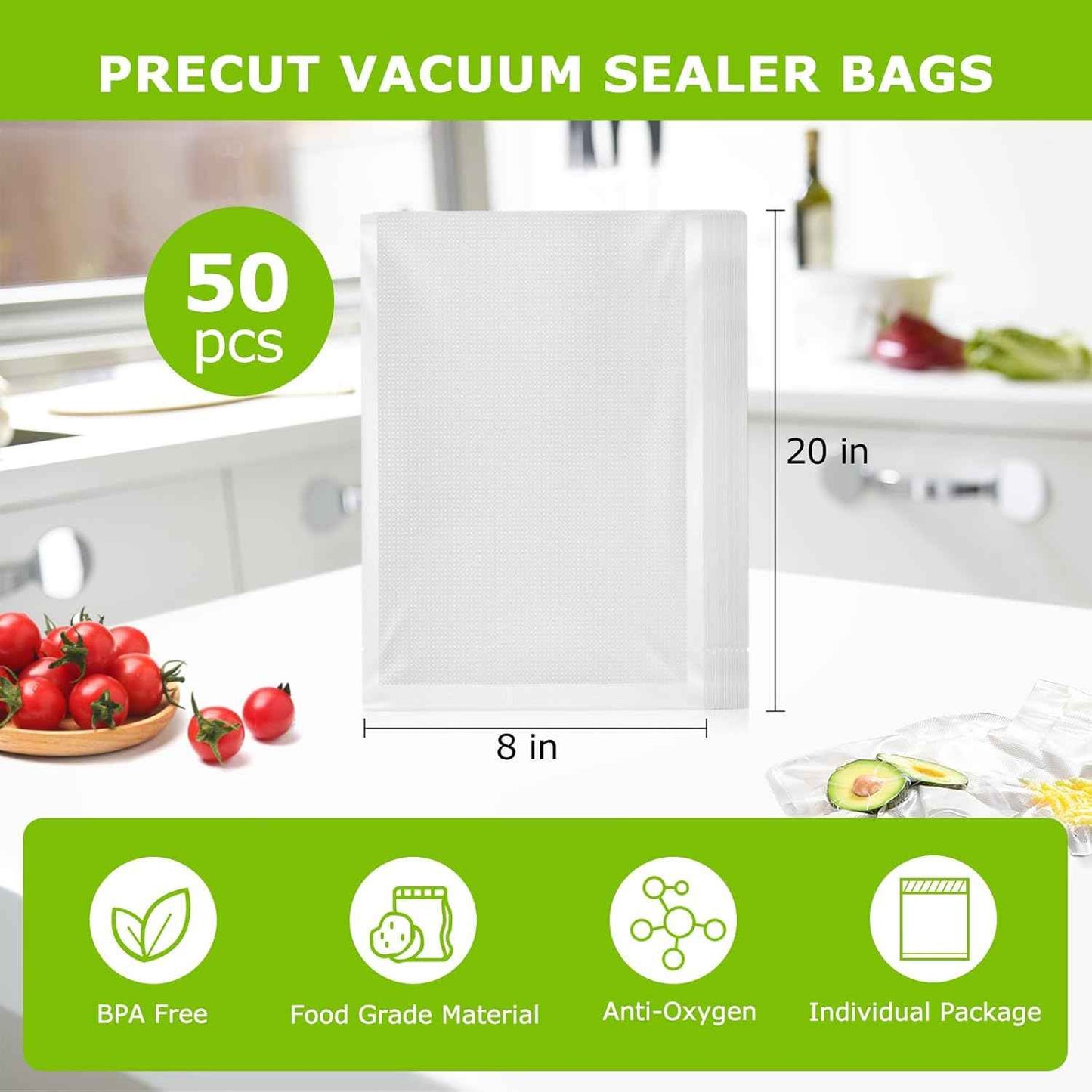 Bonsenkitchen Vacuum Sealer Bags, 50 Quart 8" x 12" Precut Food Sealer Bags, Commercial Grade, BPA Free, Heavy Duty, Customized Size Vacuum Bags for Vac Storage, Meal Prep or Sous Vide Cooking, VB12