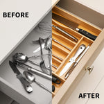 Bamboo kitchen drawer organizer for cutlery and utensils, adjustable and expandable