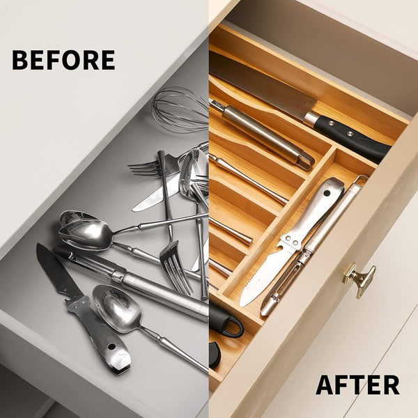 Bamboo kitchen drawer organizer for cutlery and utensils, adjustable and expandable