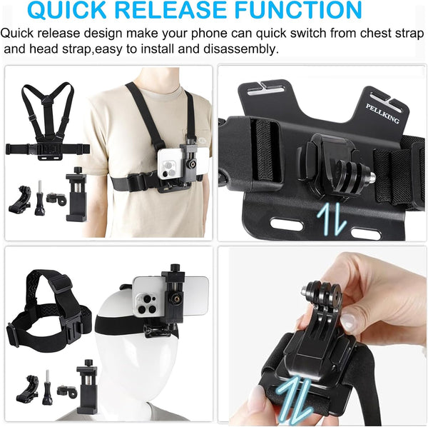 PellKing Mobile Phone Chest Strap Harness Mount Head Strap Holder Kit for POV/VLOG,Cell Phone Clip Compatible with iPhone,Samsung,GoPro Hero 9, 8,7, 6, 5, 4, 3,2, 1,AKASO,DJI Osmo,and Action Cameras…