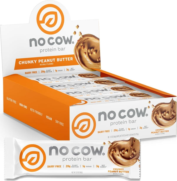 No Cow Vegan Protein Bars, Upgraded Chocolate Chip Cookie Dough, 20g Plant Based Protein, Gluten Free, Dairy Free, Soy Free, Keto Friendly, Low Sugar, High Fiber Snack Bars, Pack of 12