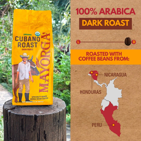 mayorga organic cafe cubano roast 2lb dark roast whole bean specialty grade coffee usda organic non-gmo kosher