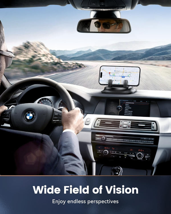 360 degree rotation car phone holder with anti-slip grips and one-hand operation