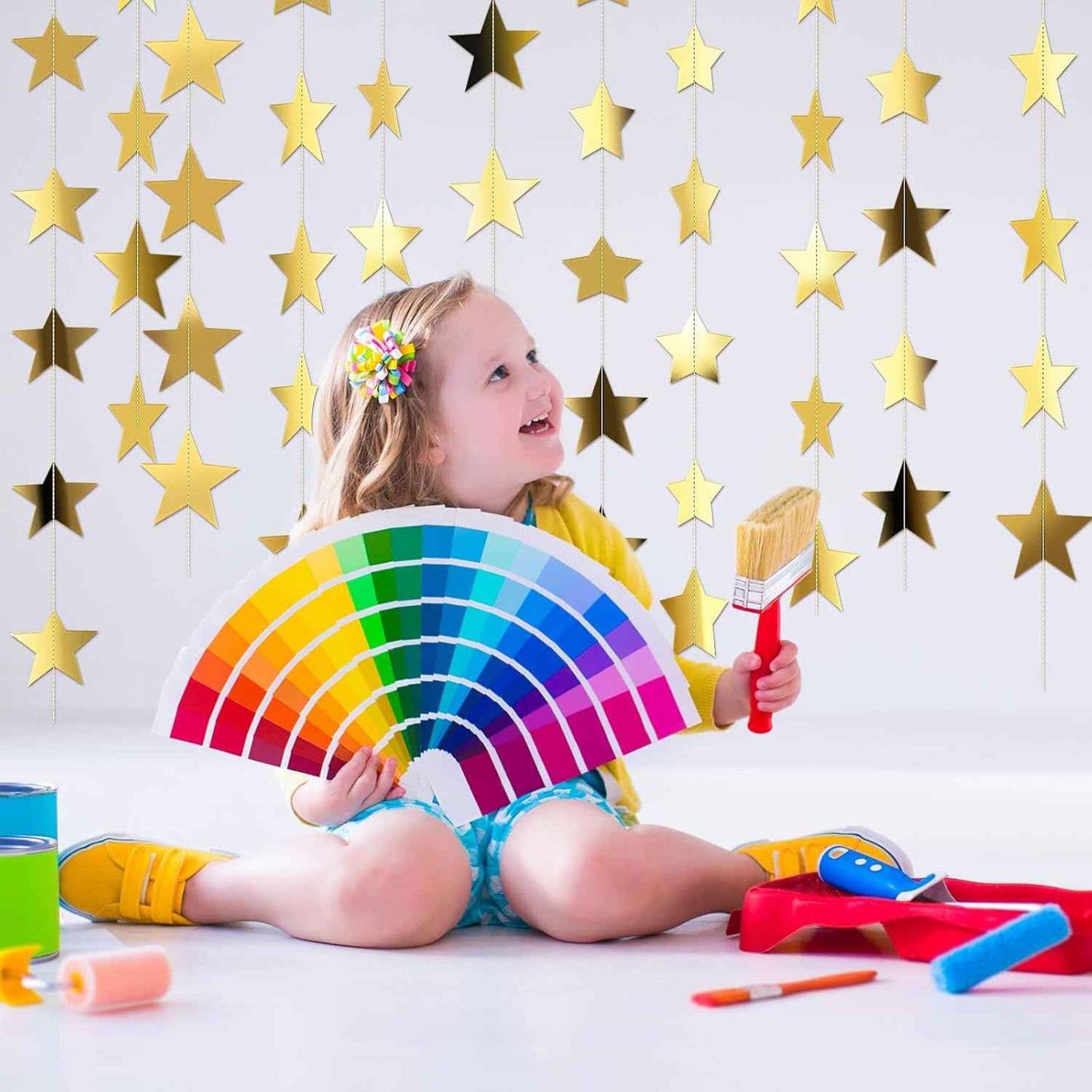 Patelai Glitter Star Garland Banner Christmas Decor 130 Feet Star Hanging Bunting Banner Twinkle Backdrop for Homecoming Classroom Wedding Birthday Halloween Party Supplies(Gold)