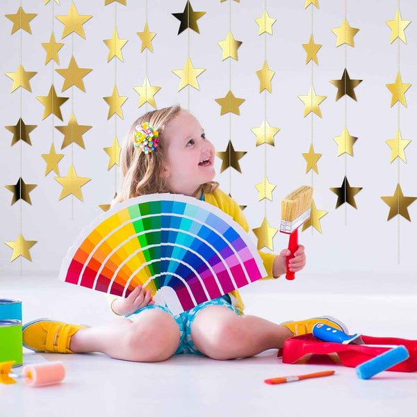 Patelai Glitter Star Garland Banner Christmas Decor 130 Feet Star Hanging Bunting Banner Twinkle Backdrop for Homecoming Classroom Wedding Birthday Halloween Party Supplies(Gold)