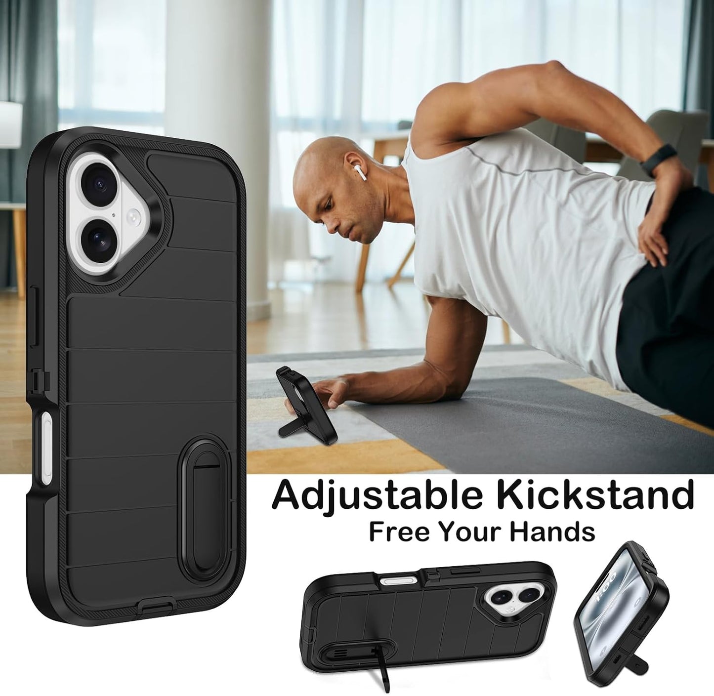 for iPhone 16 Case with 2 Screen Protectors,Heavy Duty Shockproof Drop Protection Military Grade Tri-Layer Rugged Cell Phone Cover with Built-in Invisible Kickstand 6.1“ (Black)