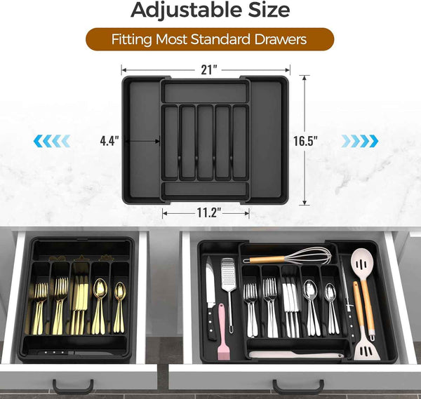 Extra Large Expandable Black Silverware Organizer for Silverware, Cutlery, and Utensils, BPA-Free, Adjustable