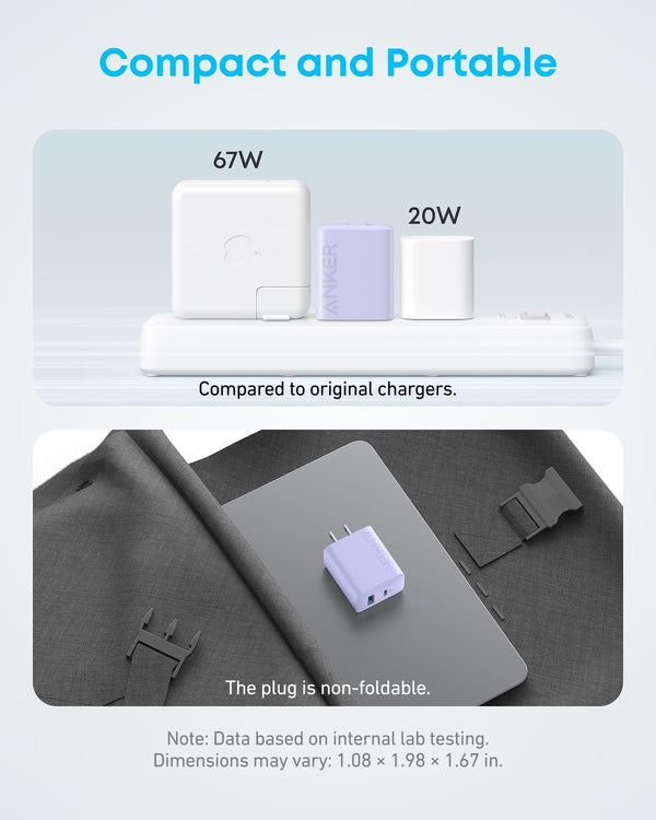 Anker iPhone Charger, 2-Pack 20W Fast USB C Charger Block, Type C Charger Fast Charging for iPhone 17/17 Pro Max/16 Series/iPad Pro and More (Purple, 2 Pack & 2 Cable)