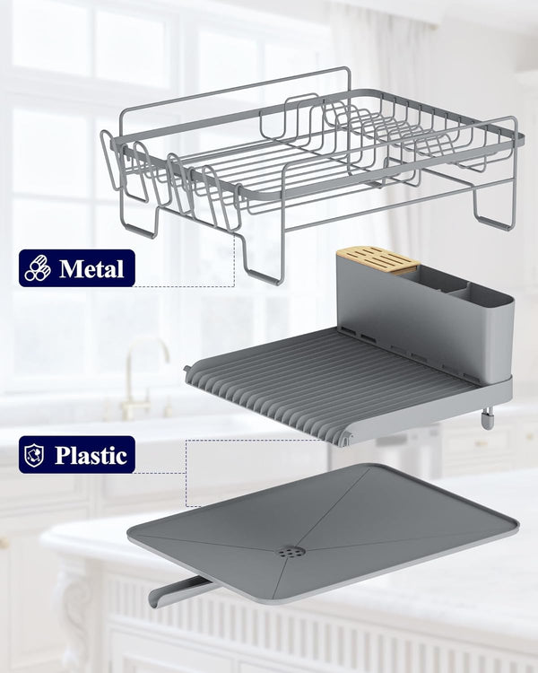 Adjustable kitchen dish drying rack with drainage and cutlery holders