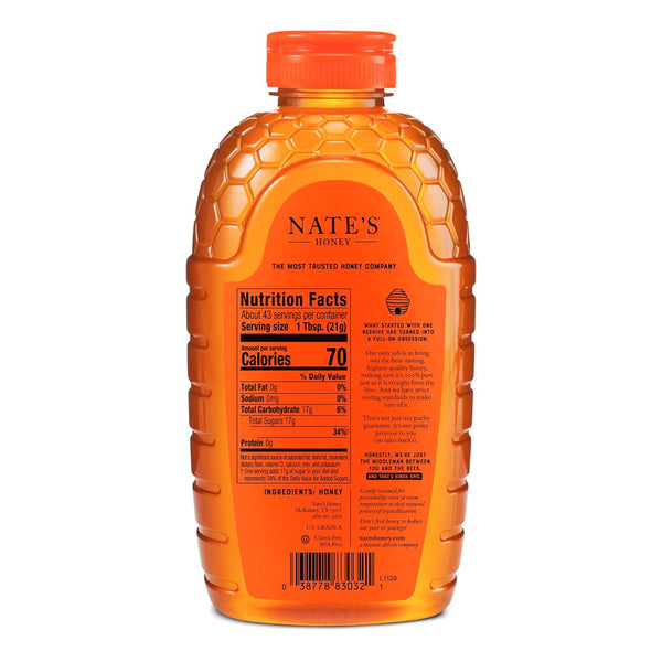 Nate's 100% Pure, Raw & Unfiltered Honey - Award-Winning Taste, 32oz Squeeze Bottle