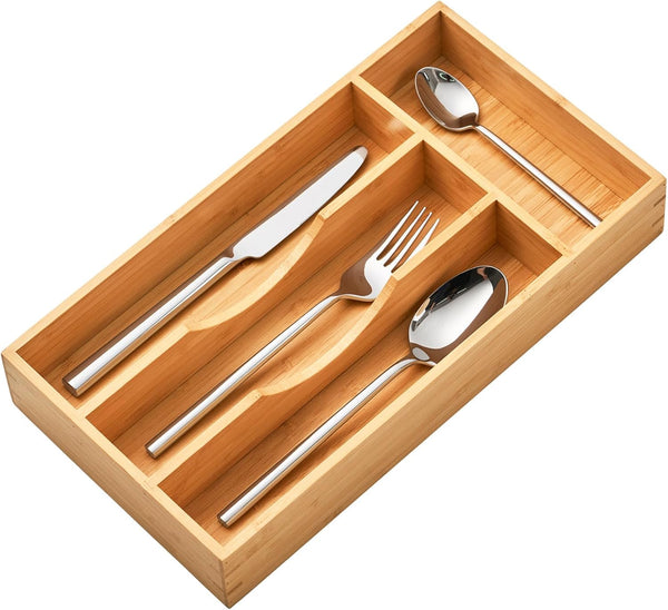 Bamboo kitchen drawer organizer for small drawers, 9 inch silverware tray holder