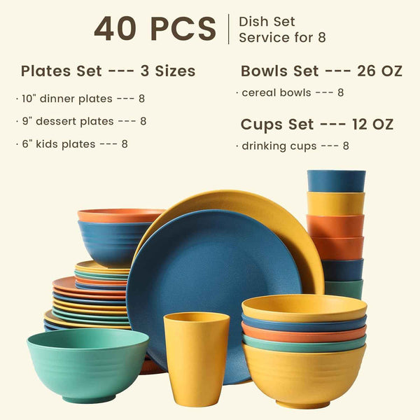 Homienly 40-Piece Unbreakable Wheat Straw Dinnerware Set, Service for 8