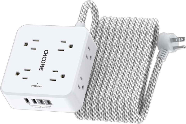 Surge Protector Power Strip - CHCORE 5Ft Braided Extension Cord with 8 Outlets with 4 USB (2 USB C) Charging Ports, Flat Plug Multi Plug Outlet Extender Charging Station for Home Office, ETL, White