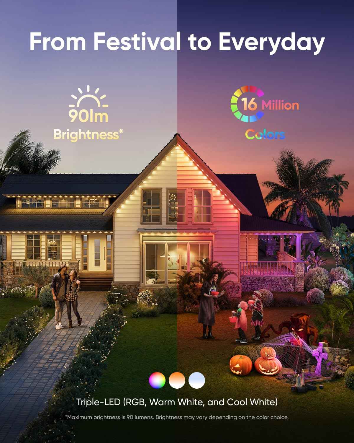 eufy Permanent Outdoor Lights E22, 100ft with 60 Triple-LED Lights, Smart RGBWW for Christmas, Daily and Holiday, IP67 Waterproof, AI Lighting Themes for Christmas Decorations, Links with Cameras