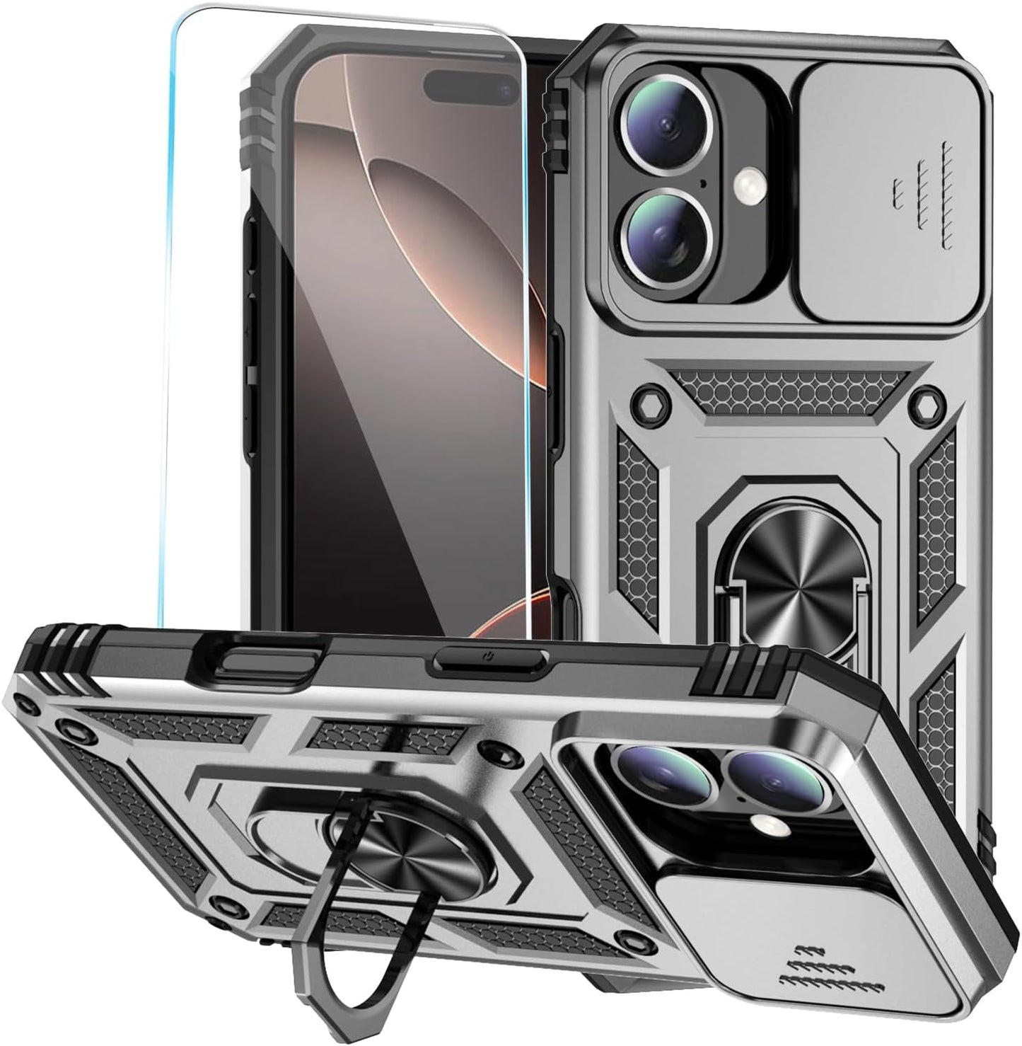 SunStory Phone Case for iPhone 16 6.1" with HD Screen Protector | Slide Camera Cover | Rotated Ring Kickstand | Military-Grade Protection | Red