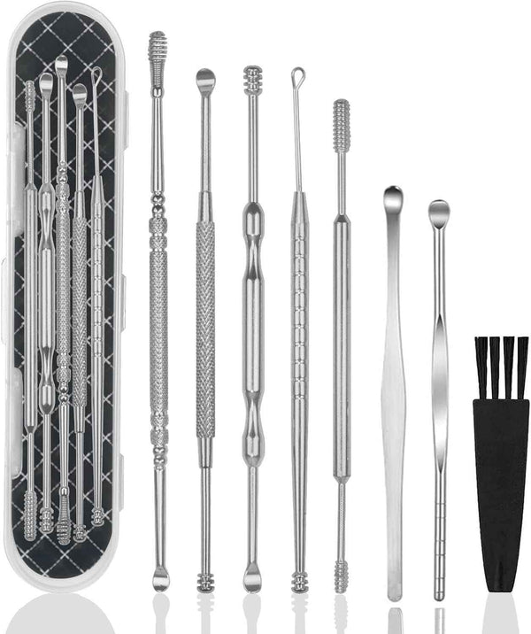 Hion 6 Pcs Extended Ear Wax Removal Kit,Professional Double-Headed Ear Pick Earwax Removal Tools,316L Stainless Steel Ear Cleaner Curette with Cleaning Brush and Storage Box,Suit for Kid Adult(Gold)