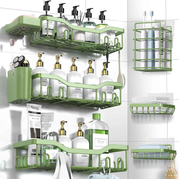 Shower Caddy Adhesive Shower Organizer 7-Pack, Rustproof Stainless Steel Bathroom Shelves, Large Capacity No-Drill Rack Storage Accessories with Soap Dish Toothbrush Holder &24 Hooks Home Decor