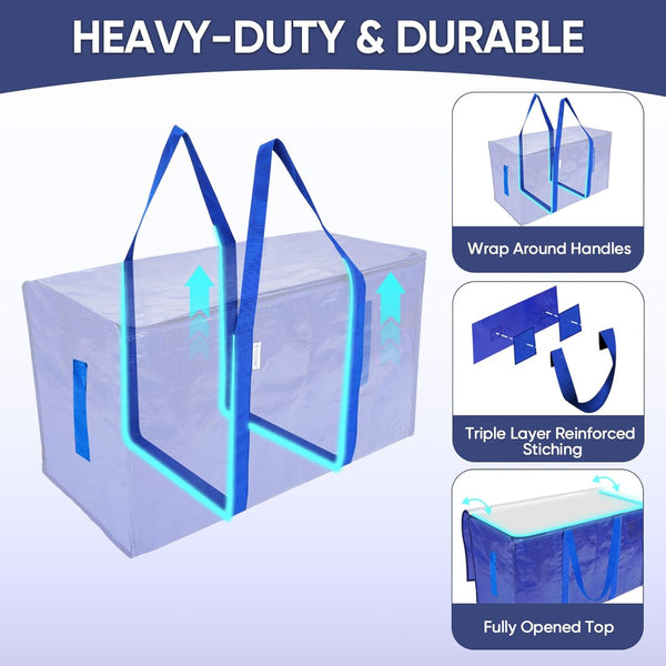 Extra Large Moving Bags with Zippers and Carrying Handles, 6 Pack, Blue