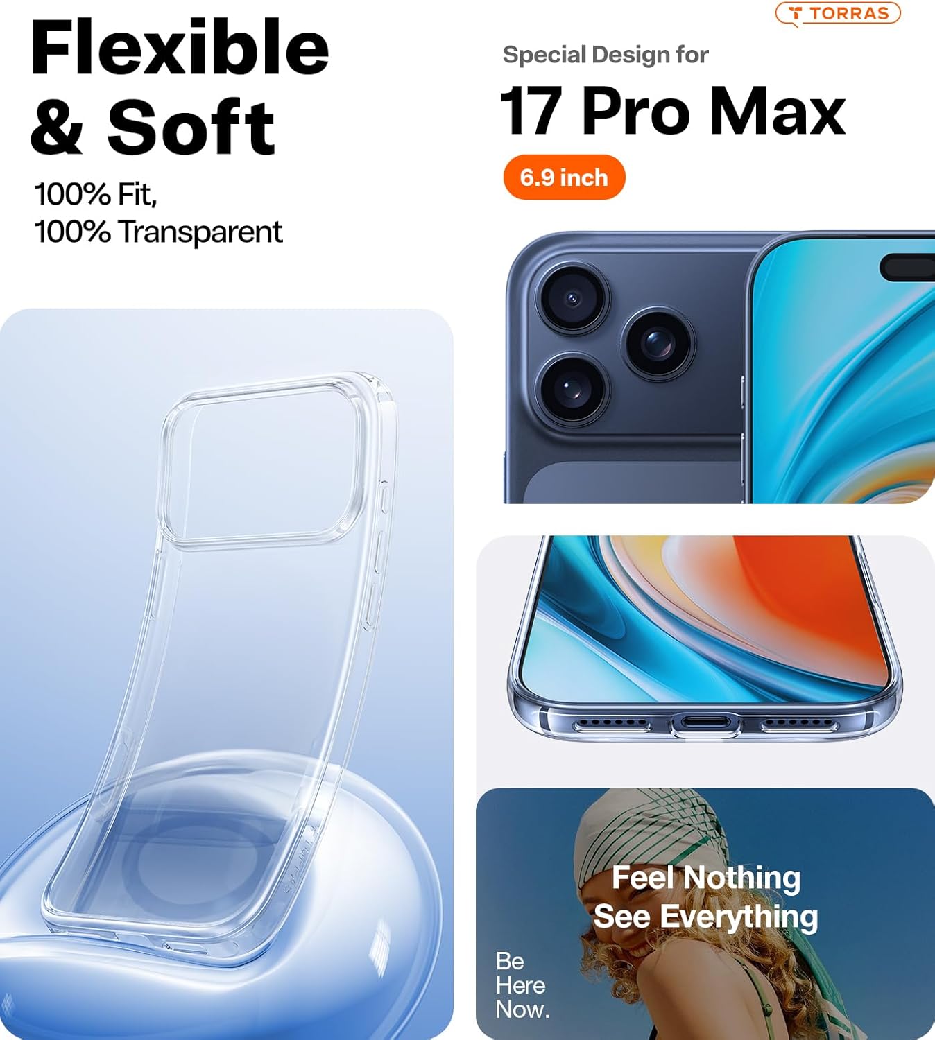 TORRAS Crystal Clear for iPhone 17 Pro Max Case, [Anti-Yellowing][Military-Grade Protection], Slim Transparent Anti-Scratch Back, Soft Bumper, Non-Slip Protective Phone Cover, Clear 6.9" - Rayz Mart