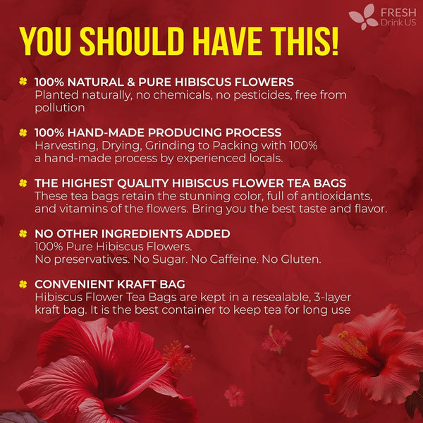 100% Natural Hibiscus Flowers Tea Bags, Loose Flower Herbal Tea, No Sugar, No Caffeine, No Gluten, Vegan