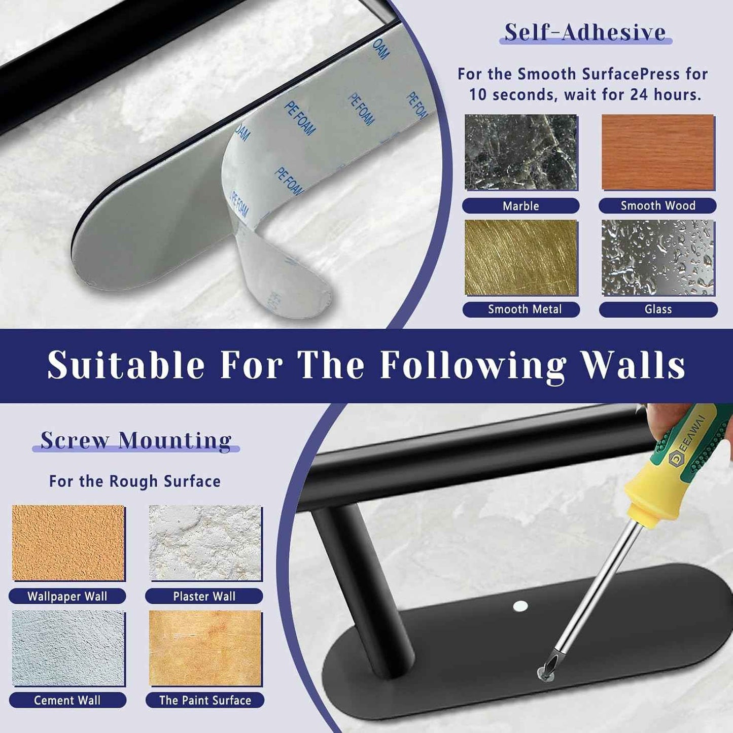 Paper Towel Holder, Self Adhesive or Drilling Paper Towel Holder Under Cabinet, Stainless Steel Black Paper Towel Holders Wall Mount for Kitchen, Bathroom, Sink, Pantry, Fridge