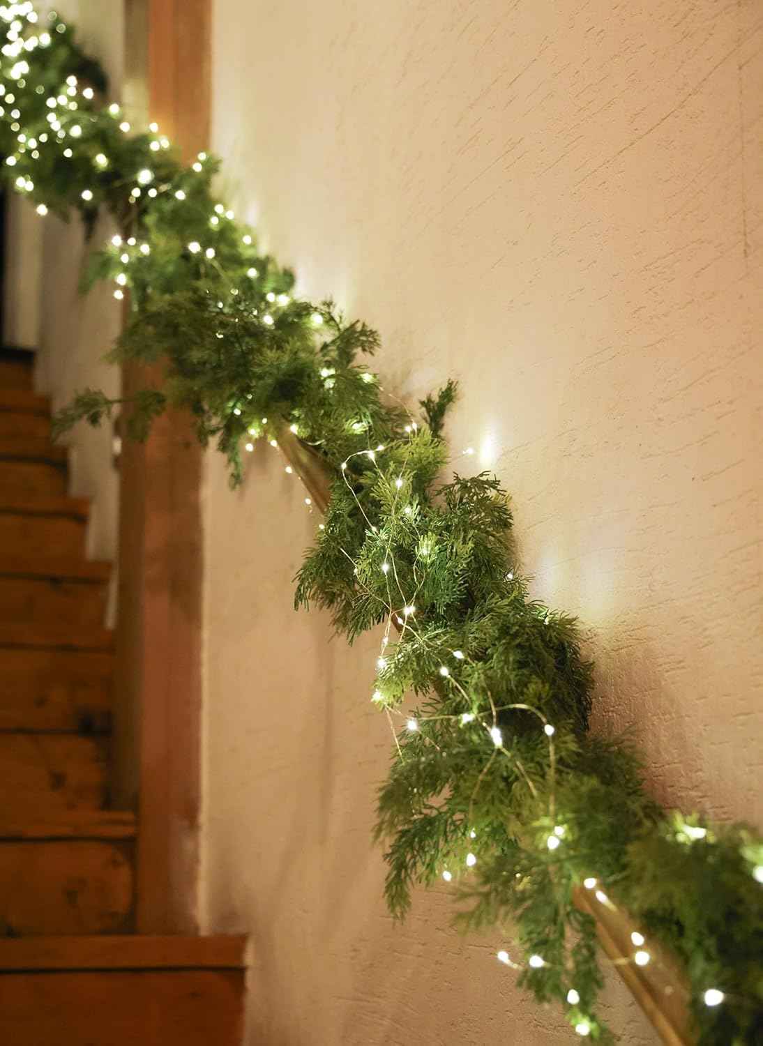 6FT Christmas Garland PARTY JOY Cedar Garland with 9.8FT LED String Lights, Greenery Plant for Christmas Decorations Table Mantle Background Wall Room Outdoor Indoor Winter Decoration