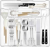 Expandable Silverware Organizers for Kitchen Drawer, Clear Utensil Drawer Organizer Tray, Adjustable Cutlery Flatware Holder for Spoon Fork Knife, Plastic Spatula Tools Gadgets Storage Divider