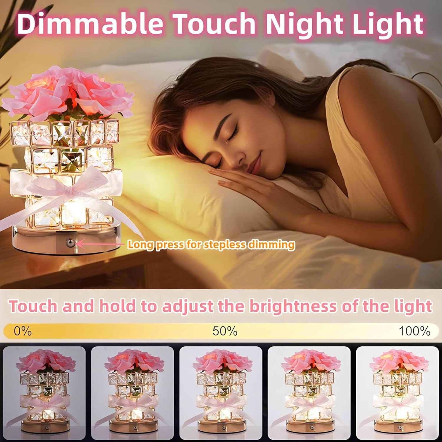 Rose Flower Lamp,Rechargeable Cordless Touch Table Lamp for Bedroom,3-Colour Dimming Small Night Light,Crystal Bedside Lamps with USB Charge,Birthday Valentine's Day Gifts for Women,Mom,Wife,Her